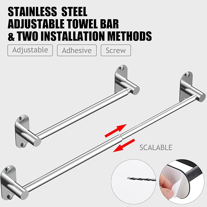 Towel Bar, Adjustable 14.4inch - 25.2inch Towel Rack, Self Adhesive & Wall Mounted for Bathroom Kitchen Hand Towel Holder Cloths Hanger SUS 304 Stainless Steel Single Bar (4, Chrome) - Image 3