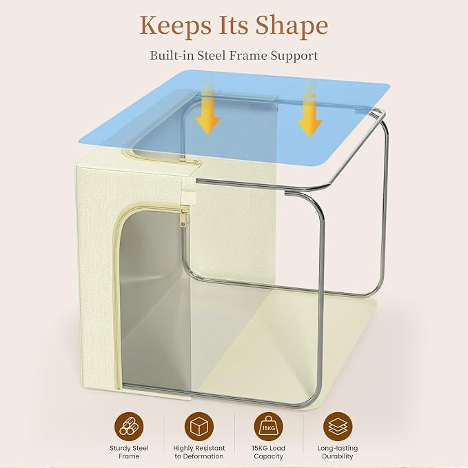 GoMaihe Clothes Storage Bins with Metal Frame, 40L Sweater Storage Boxes for Above Shelf Closet, 4 Pack Stackable Clothing Storage Organizer with Clear Window for Jeans Hoodies T-shirt – Beige - Image 2