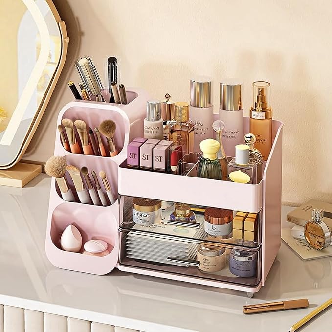 Booklov Makeup Organizer for Vanity, Large Capacity Cosmetic Display Case with Clear Acrylic Drawer, Countertop Beauty Storage Holder for Skincare, Brush Eyeshadow Lipstick, Counter Desk, Crystal Pink - Image 2