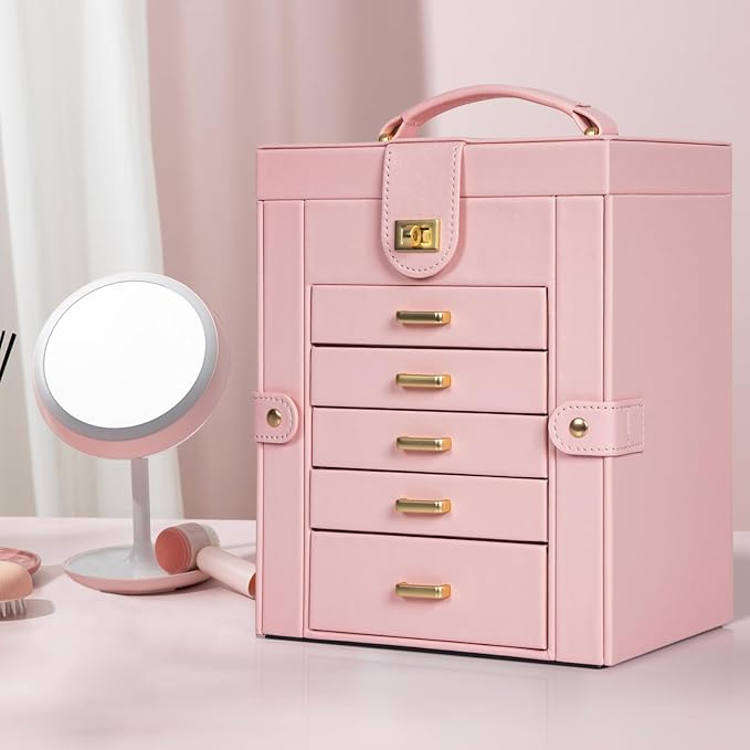 AKOZLIN 6-Tier Jewelry Box Organizer Functional 5 Drawers Leather Jewelry Storage Case for Women Girls Ring Necklace Earring Bracelet Holder Organizer with Mirror Light Pink Regular - Image 7