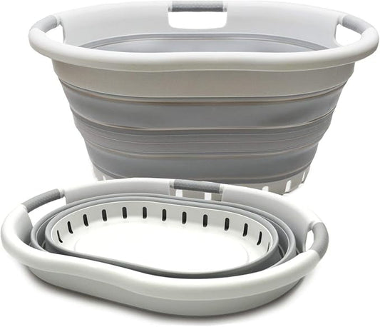 SAMMART 36L (9.5 gallon) Set of 2 Collapsible 3 Handled Plastic Laundry Basket-Foldable Pop Up Storage Container/Organizer-Space Saving Basket (2, Grey/Grey) by SAMMART