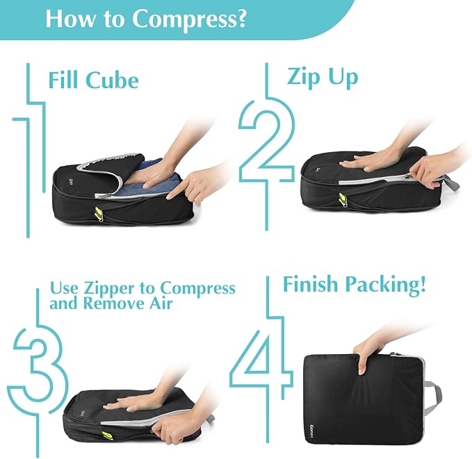 Gonex Compression Packing Cubes, 6pcs Expandable Storage Travel Luggage Bags Organizers with Shoe Bag, Clear Toiletry Bag (Black) - Image 7