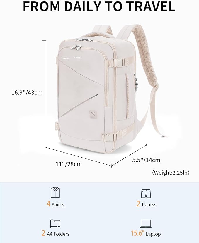 ECOHUB 17" Small Unisex Travel Backpack United Airlines Approved 17x10x9 Friendly Suitcase Anti-Theft Lockable Zippers Style Personal Item Bag Travel Essentials with 12 Pockets Water Resistant, White - Image 7