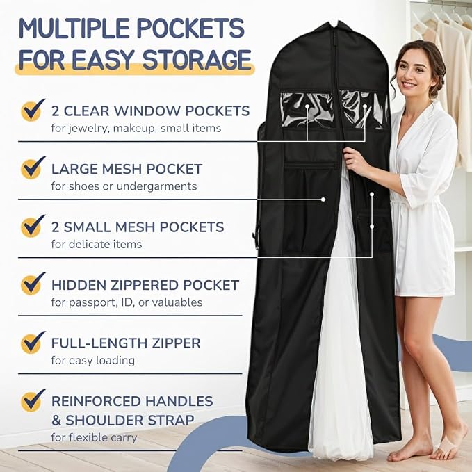 Wedding Dress Garment Bag 72" – Waterproof Trifold Travel Garment Bag for Bridal Gown with Shoulder Strap, Suitcase Sleeve & Accessory Pockets – Fits Full Skirts, Oxford Fabric, Carry Handle - Image 2