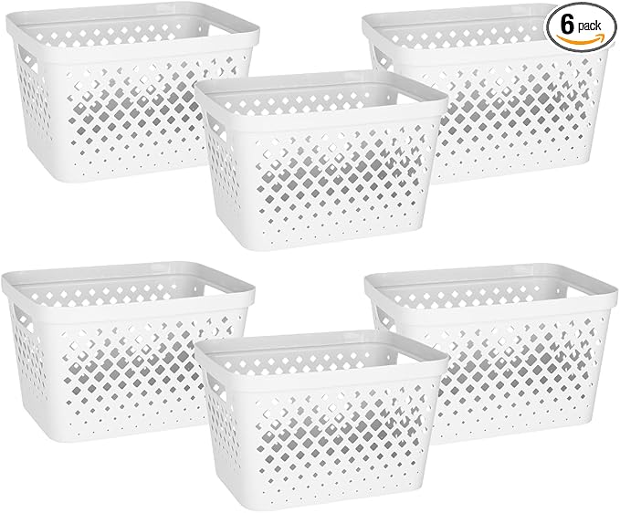 Glad Plastic Storage Basket Set, Value Pack of 6 | Open Storage Bins for Shelves, Bathroom, Pantry, Closet | Nesting Organizer Boxes with Handles, 4 Gallon, White by GladTrashFoodStorage