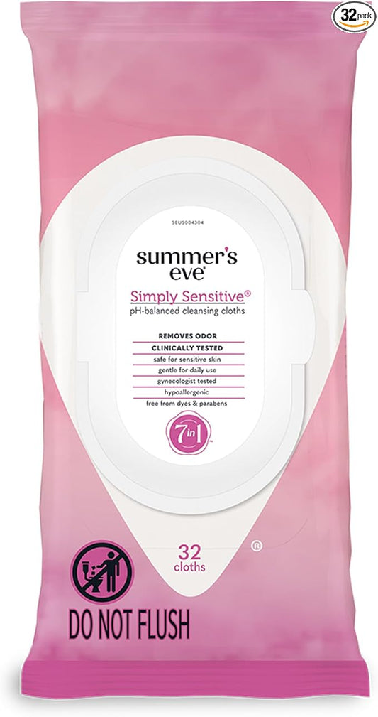 Summer's Eve Simply Sensitive Daily Gentle Feminine Wipes, Removes Odor, pH Balanced, 32 count