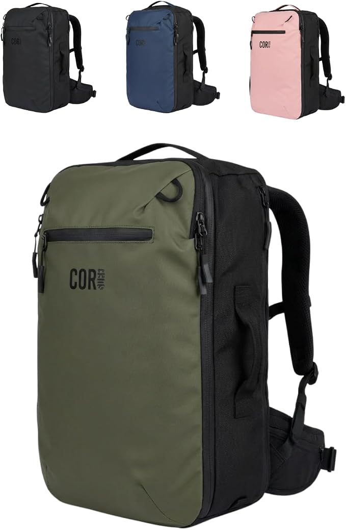 COR Surf Island Hopper Travel Backpack, 40L Green, Personal Item Carry On | Carry On Backpack for Men & Women, Clamshell Opening, Hidden Passport Pockets, Water Resistant, Laptop Sleeve, YKK by CORSurf
