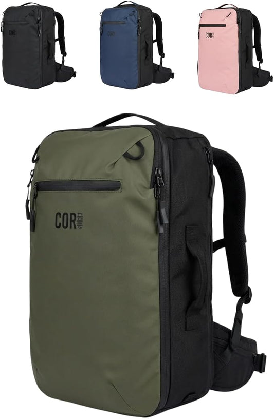 COR Surf Island Hopper Travel Backpack, 40L Green, Personal Item Carry On | Carry On Backpack for Men & Women, Clamshell Opening, Hidden Passport Pockets, Water Resistant, Laptop Sleeve, YKK by CORSurf