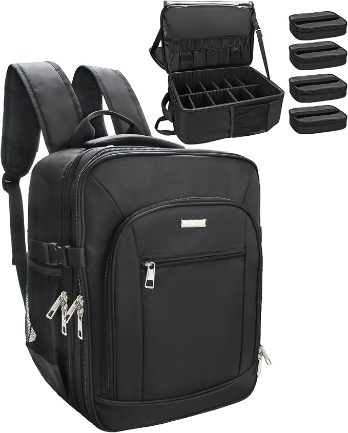TANTO Makeup Backpack, Makeup Artist Bag Professional Cosmetic Bag with 4 Bag Extra Large Travel Train Case Double-Layer Make up Storage Organizer Cosmetic Brush Case with Adjustable Divider (Black by TANTO