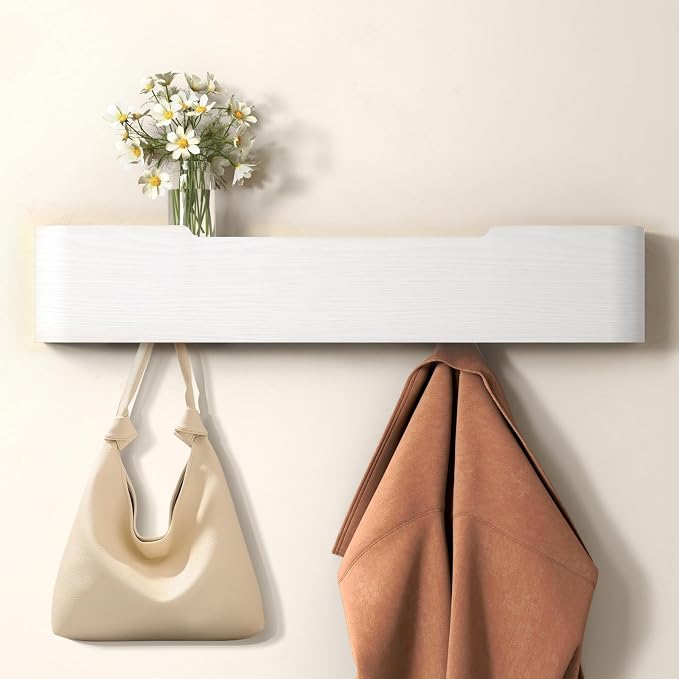 Wall Mounted Coat Rack with Shelf, Wooden Entryway Organizer with Hidden Metal Hooks for Hanging Coats Bags Keys, Modern Floating Shelf for Hallway Bathroom by VERASCOT