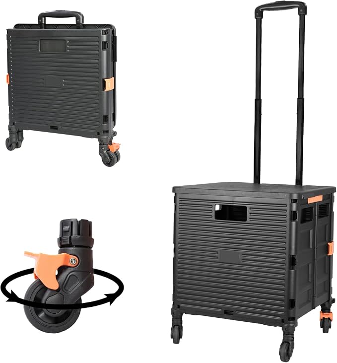 Utility Cart Folding Portable Rolling Crate Handcart with Lid Durable Heavy Duty Plastic Telescoping Handle Collapsible 360 Degree Rotate Wheels for Travel Shopping Moving Luggage Office Use,Black by FELICON