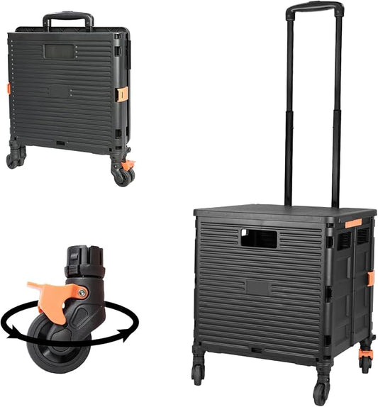 Utility Cart Folding Portable Rolling Crate Handcart with Lid Durable Heavy Duty Plastic Telescoping Handle Collapsible 360 Degree Rotate Wheels for Travel Shopping Moving Luggage Office Use,Black by FELICON