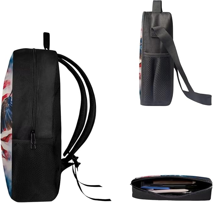 Mumeson Eagle Flag Kids Backpack for Boys Girls Preschool Backpack Schoolbag Lightweight School Backpack with Thermal Lunch Bag Box Portable Pencase Pencil Bag 3 Pieces - Image 3