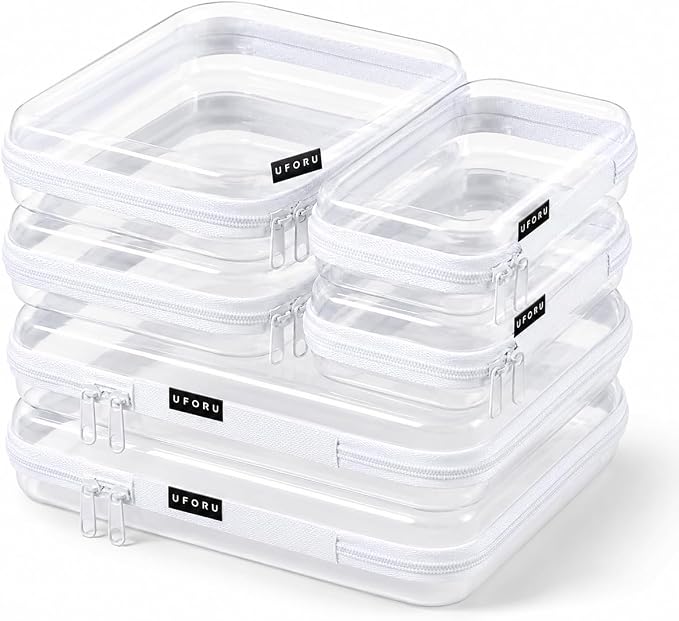 UFORU 6 Pack Clear Hard Shell Zipper Case, Diaper Bag Organizer Pouches for Travel, Heavy Duty Clear Makeup & Toiletry Bags, Hard Plastic Cosmetic Toy Organizer Pouch for Daily Essentials, 2S 2M 2L by UFORU