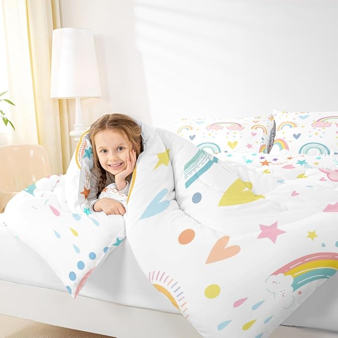 Erosebridal Rainbow Comforter Set 3Pcs, Kawaii Cartoon Cloud Quilt Iridescent Full for Kids Girls Women Teens, Love Heart Duvet Insert Hand Drawn Style Down Comforter Girly Bedroom Decor,Colorful - Image 6
