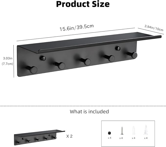 Towel Rack with Shelf Wall Mounted, Set of 2 Aluminum Bath Robe Hook, Outdoor Pool Holder or Bathroom Hot Tub Accessories, Metal Bathtub Hanger, Decor Display Storage for Hat Clothes Key Bag - Image 3