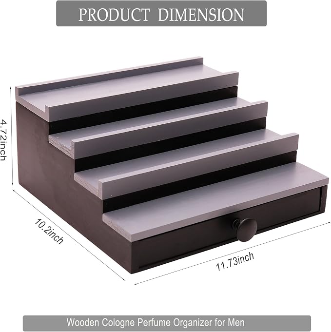 4 Tier Men's Cologne Organizer, Black Gray Wood Display Stand with Drawer | Tiered Cologne Shelf Rack, mens perfume holder, cologne collection, Hidden Storage, Dresser Fragrance Display, Gift for Men - Image 4