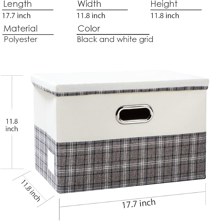 PRANDOM Large Collapsible Storage Bins with Lids [3-Pack] Fabric Foldable Storage Boxes Organizer Containers Baskets Cube with Cover for Home Bedroom Closet Office Gray plaid & Cream(17.7x11.8x11.8) - Image 3
