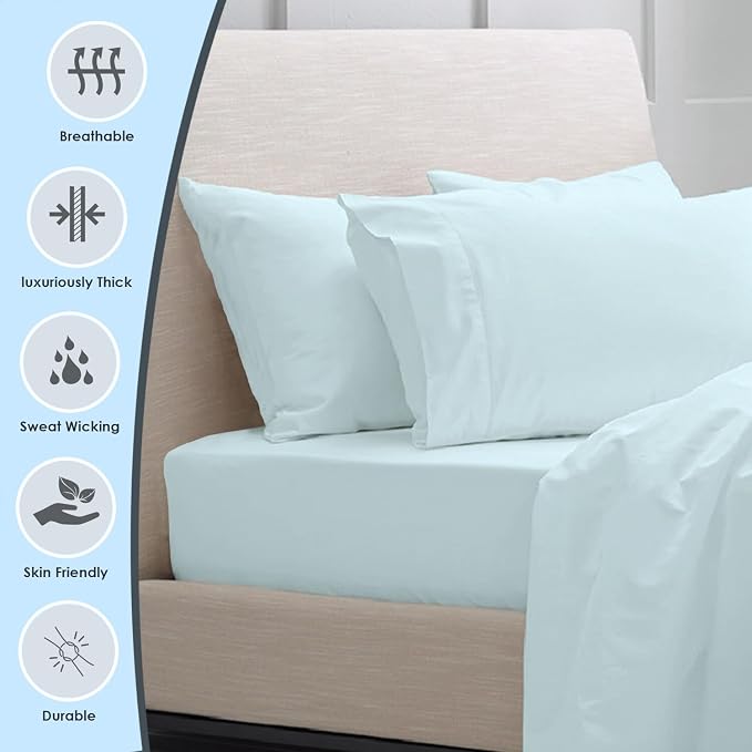 Pizuna Pure 100% Luxury Cotton King Size Pillow Case Baby Blue, 1000 Thread Count 100% Long Staple Cotton Sateen Pillowcase, Pillow Covers with Stylish 4" Hem (Combed Cotton King Pillowcase) - Image 2