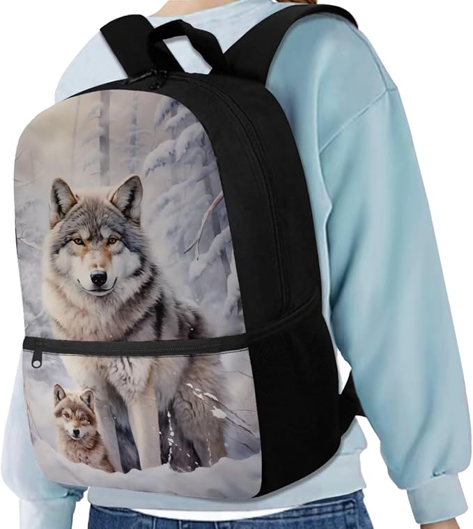 Wolf Backpack for Girls Boys Backpack with Lunch Box Water Bottle Holder and Soft Pencil Case 4PCS Bookbag with Front Pocket for School 17 inch Sturdy School Bag with Side Pocket for Kids - Image 2