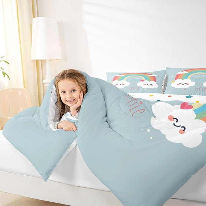 Girls Rainbow Comforter Set, Cartoon Blue Quilted Comforter Queen Size For Kids Boys Women Bedroom, Love Heart Bedding Set Kawaii Room Decor Rainbow Cloud Duvet Sets With 2 Pillow Cases - Image 5