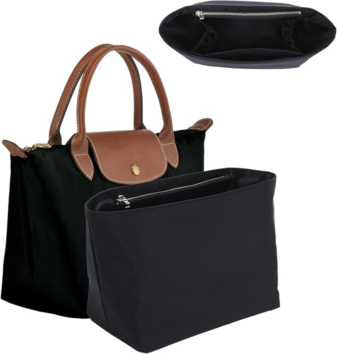 Soft Nylon Purse Organizer Insert for Longchamp Le Pliage Original S Handbag, Lightweight Luxury Long Champ Small Handbag with Cup Holder,Zipper Bags Inner Linner with 7 Deepened Pockets,S/Black by OAIKOR