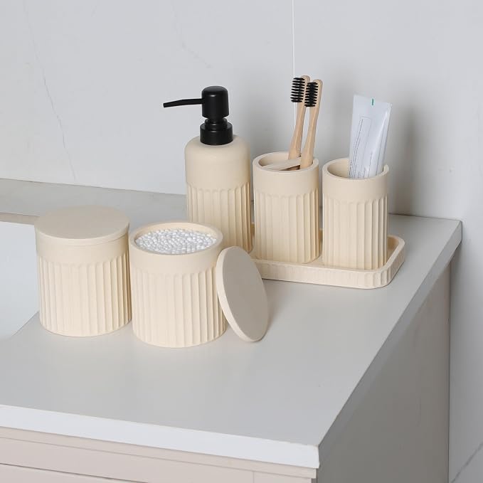 INIUNIK Bathroom Accessory Set - 6 Pieces Bathroom Accessories Set Complete with Soap Dispenser, Toothbrush Holders, Tumbler, Vanity Tray and 2 Qtip Holder for Home Organizer and Decor, Beige - Image 4