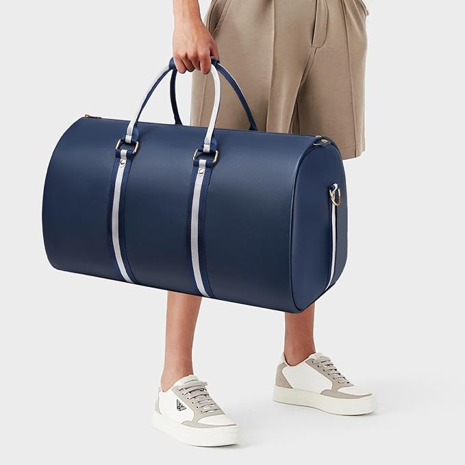Leather Garment Bags for Travel, Convertible Carry on Garment Duffel Bag for Men, 2 in 1 Waterproof Foldable Travel Suit Bag with Shoulder Strap Weekender Bag with Shoe Pouch, Blue - Image 6