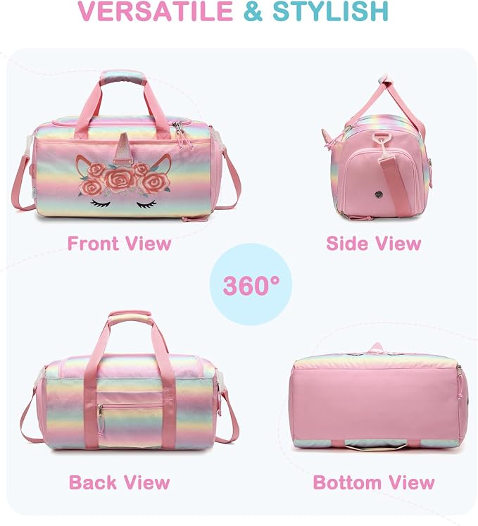 Kids Duffle Bag,VASCHY Travel Bag for Toddler Children Girls Water Resistant Overnight Duffel Ballet Dance Sport Carry On Weekender Bag with Shoes Compartment Dry Wet Pocket Unicorn - Image 6