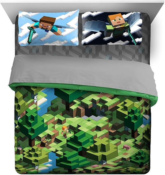 Minecraft Creeper Queen Comforter Set 7 Piece Kids Bedding for Boys, Green | Video Gaming, Bed in a Bag, Comforter Sheets Shams Pillowcases, Official Product, Microfiber, Machine Washable, Boys Gift by JayFranco