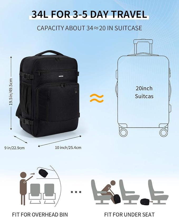ECOHUB 19" Large Travel Backpack, Carry on Luggage Airline Approved, Water Resistant Rucksacks Fit 15.6" Laptop, AirTag Pocket, Lightweight Casual Daypack, 34L, Black - Image 2