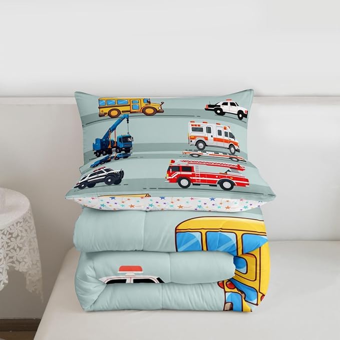 Erosebridal Fire Truck Comforter Set,Police Car Down Comforter King Size,School Bus Bedding Set for Kids Boys Teens Youth,Equipped Truck Cartoon Vehicle Quilt Duvet Insert Bedroom Dorm Decor 3 Pcs - Image 6