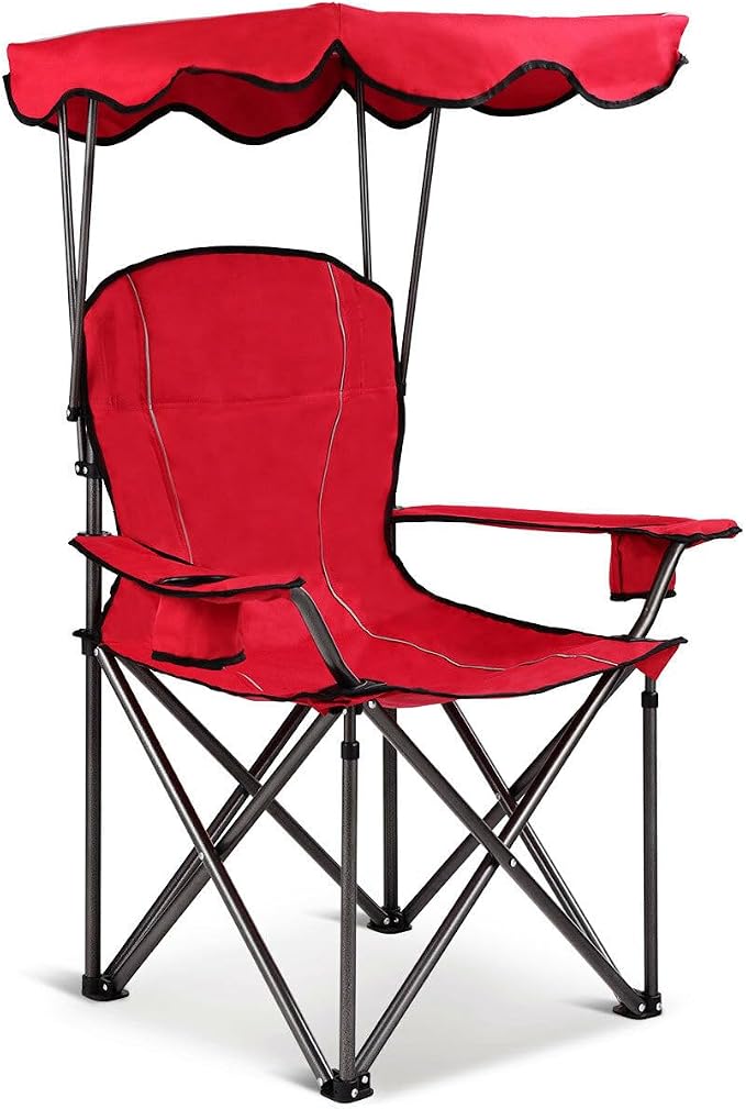 COSTWAY Portable Camping Chair with Canopy, Outdoor Lawn Chair with Shade, Carry Bag, Cup Holder, for Travel, Picnic, Beach (Red) - Image 8