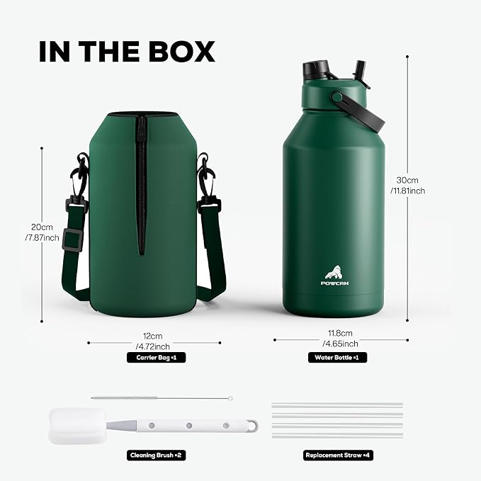 POWCAN 64 oz Insulated Water Bottle with Carrier Bag, 2-in-1 Straw & Spout Lid, Leakproof, Keep Cold 48H, BPA-Free, Stainless Steel Water Bottle with handle for Workout, Trip and Fitness (Forest) - Image 4