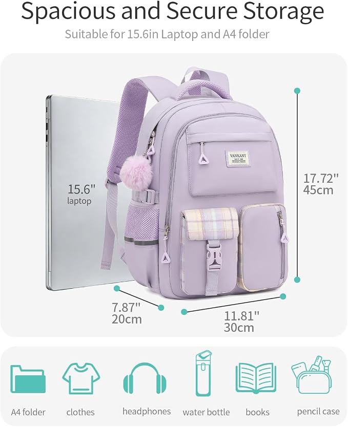 School Backpack for Teen Girls, Big Student Laptop Backpack Aesthetic Bookbags for College Women Elementary Middle High School Travel Mochilas Escolares, Purple - Image 3