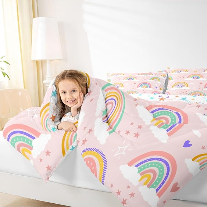 Erosebridal Girls Rainbow Bedding Set, Love Heart Comforter Set Full Size for Kids Boys Children Cartoon Girly Bedding Comforters Iridescent Soft Microfiber Duvet Insert for Bedroom Decor, Pink - Image 6