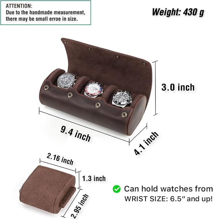 Genuine Leather Watch Roll Travel Case,3 Slots Vintage Full Grain Leather Watch Box with Pillow for Men,Watch Storage Organizer for Home Storage,Gifts - Image 2