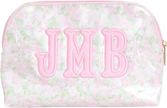 Personalized Clear Coated Pouch - Medium or Large Toiletry Bag with Embroidered or Applique Monogram, Custom Makeup or Travel Organizer, Easy-Clean Cosmetic Bag, Travel Gift for Women (Peony, M) by Sprinkled+With+Pink