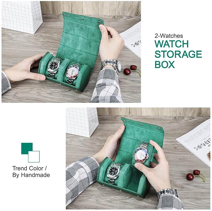 Hiram Genuine Leather Saffiano Leather Watch Roll Travel Case, Leather 2-Watches Roll Case for Treasured Watches and Bracelets(Green) - Image 4