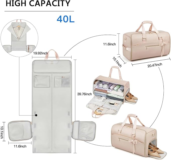 Garment Duffle Bags for Travel,Moulyan Convertible Carry on Garment Bag with Shoe Compartment,3 in 1 Waterproof Travel Suit Bag with Shoulder Strap for Men Women, Pink, Fashion,business - Image 2