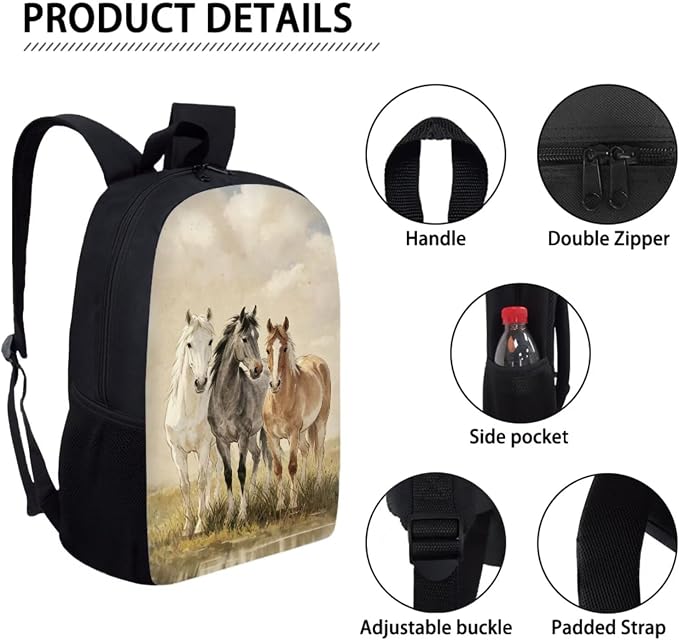 Horse Print Lightweight Backpack Set with Shoulder Lunch Bag, Pen Bag, Elementary School Students Daypack, Middle School Students Knapsack Set for Kids - Image 4
