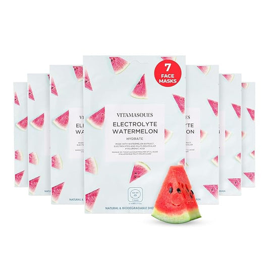 Vitamasques Hydrating Face Masks Electrolyte Watermelon - 7 Pack Korean Sheet Masks for Moisturizing, Plumping & Boosting Elasticity - Vegan Facial Mask Skincare with AHA, BHA, PHA & Niacinamide