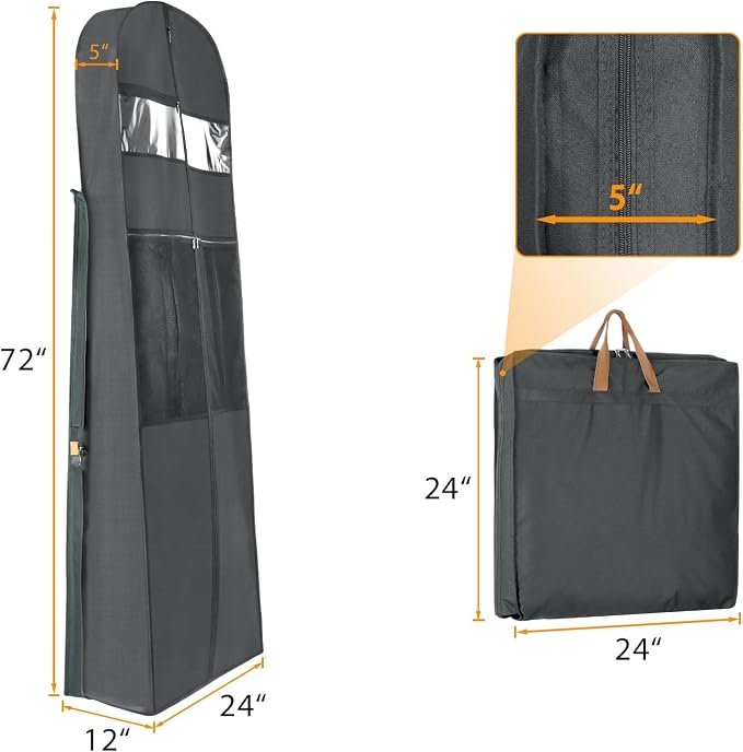Zilink 72" Wedding Dress Garment Bag Dress Bags for Gowns Bridal Garment Bag for Dresses Long with 12”Gusseted and Accessory Pockets for Wedding Dress, Puffy Gowns [Upgraded Version], Grey - Image 2