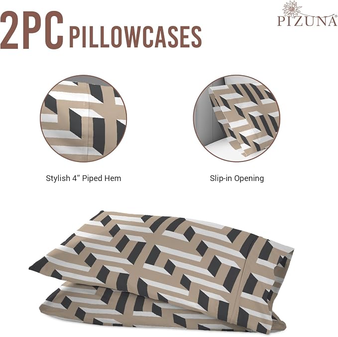 Pizuna Pure 100% Cotton Pillow Cases Queen Size (2 PC), Luxurious 400 Thread Count Long Staple Cotton Sateen with Stylish 4" Hem (Combed Mosaic Print Cotton) - Image 3