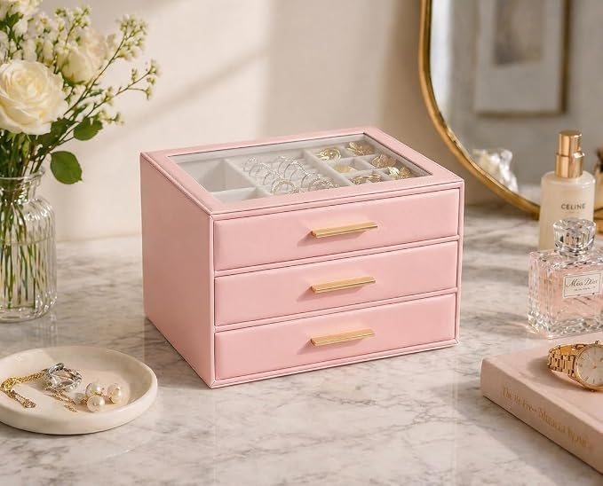 GUOER Jewelry Box for Women, Glass Lid Jewelry Organizer with 3 Drawers PU Jewelry Storage Case for Necklaces Rings Earrings Bracelets (Pink) - Image 2