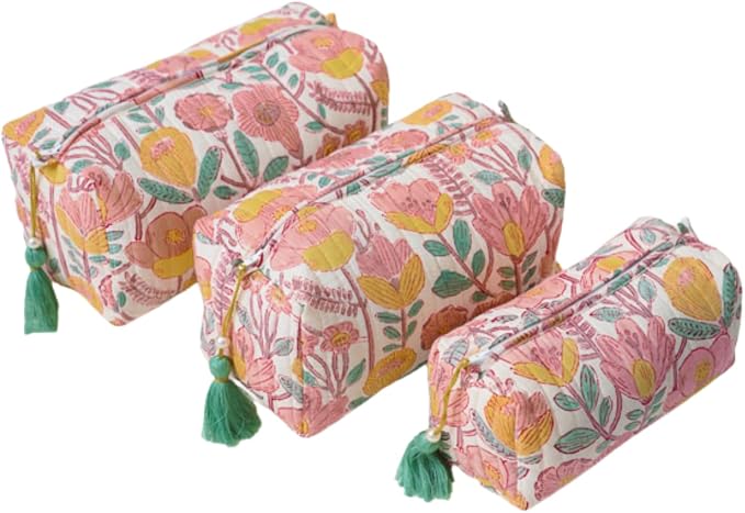 Saffron Marigold Quilted Makeup Bag Set of 3, Hand Block Printed Cotton Cosmetic Bags for Women, Waterproof Lined Travel Toiletry Bag, Coquette Floral Aesthetic, Handmade Gift, Sunspell Garden by SaffronMarigold