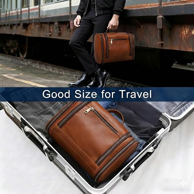 EURYNOME Leather Toiletry Bag For Men Women,Full Grain Leather Toiletries Organizer,Travel Hanging Toiletry Bag Large Water-resistant Bathroom Shaving Kit for Cosmetics, Makeup Case Travel Dopp Kit - Image 5