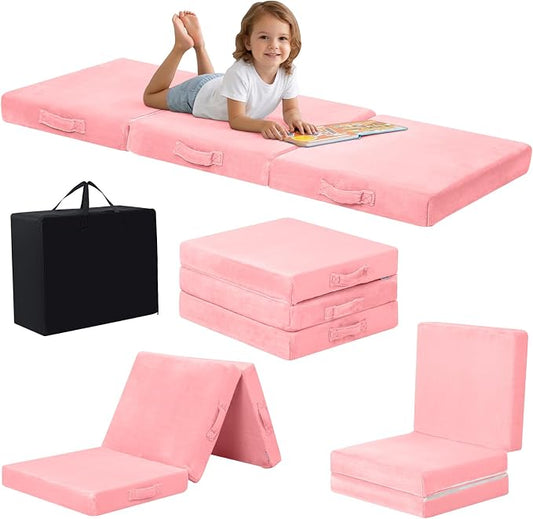 MeMoreCool Foldable Floor Mattress for Kids Trifold, 57x22 Inch Pink | Trifold foam floor mattress for girls room, playroom and reading nook by MeMoreCool