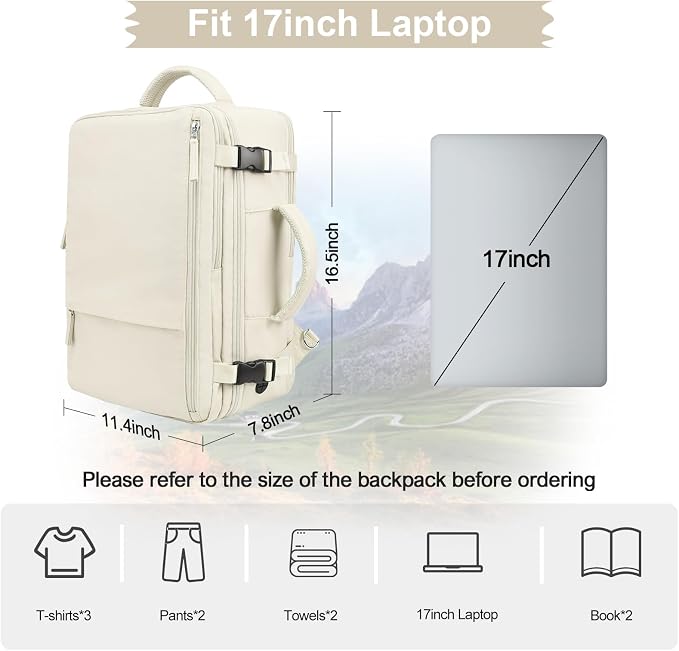 Hanples Travel Backpack for Women, 17 Inch Waterproof Laptop Backpack | 40L Large Carry on Backpack, TSA Flight Approved Anti Theft Travel Bag, Casual Daypack with 2 Toiletry Bags for Trips, Beige - Image 4