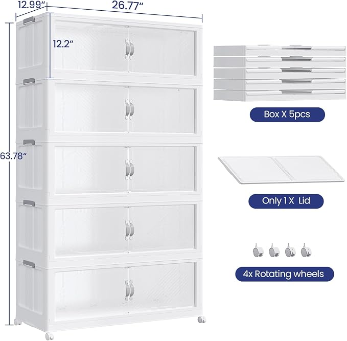 150Gal/600QT 5-Tiers Extra Large Stackable Storage Bins with Lid, Collapsible Cabinet Closet Organizer Plastic Container Box with Wheels Doors Drawers for Office Dorm Kitchen, White - Image 2